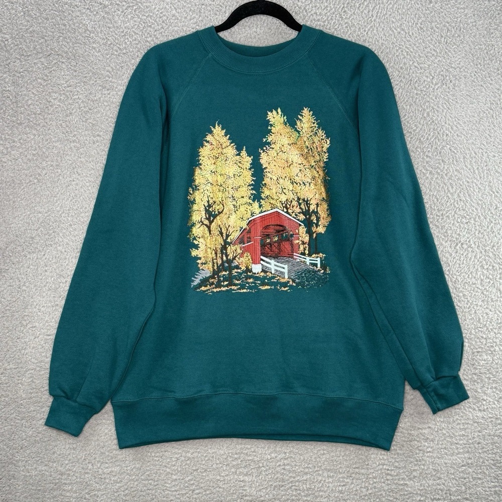 Vintage‎ HanesCrewneck Sweatshirt Green Graphic Print Bridge Nature Green Large